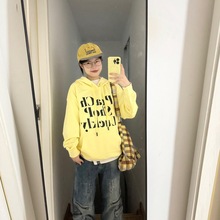 潮慵懒风宽松小个子日韩带帽上衣服帽衫连帽卫衣女装印花外穿可爱