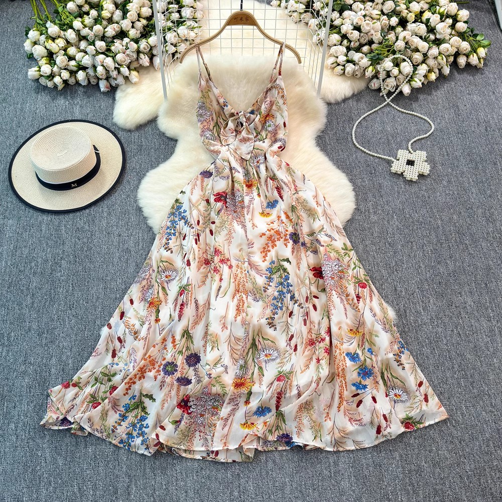 Colorful Floral V-Neck Strap For Women Summer Bohemian Niche Beach Vacation Style A-Line Long Dress_ecoleips.com