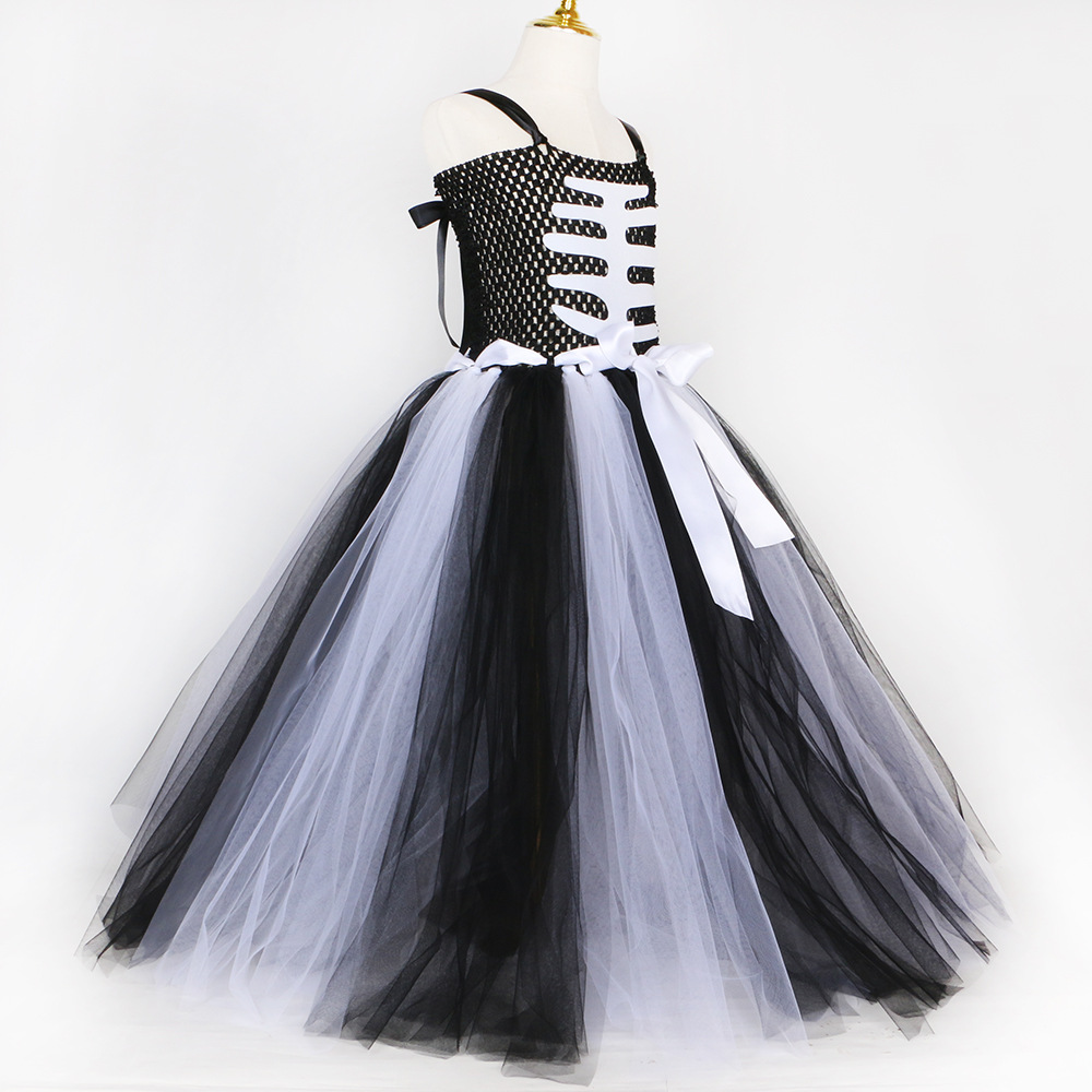 Kinderkleidung Halloween-Kostüm Geisterkleidung Kinder-Skelett-Geisternetz-Puffrock Mädchen-Maskenball-Zombie-Kostüm_voghion.com