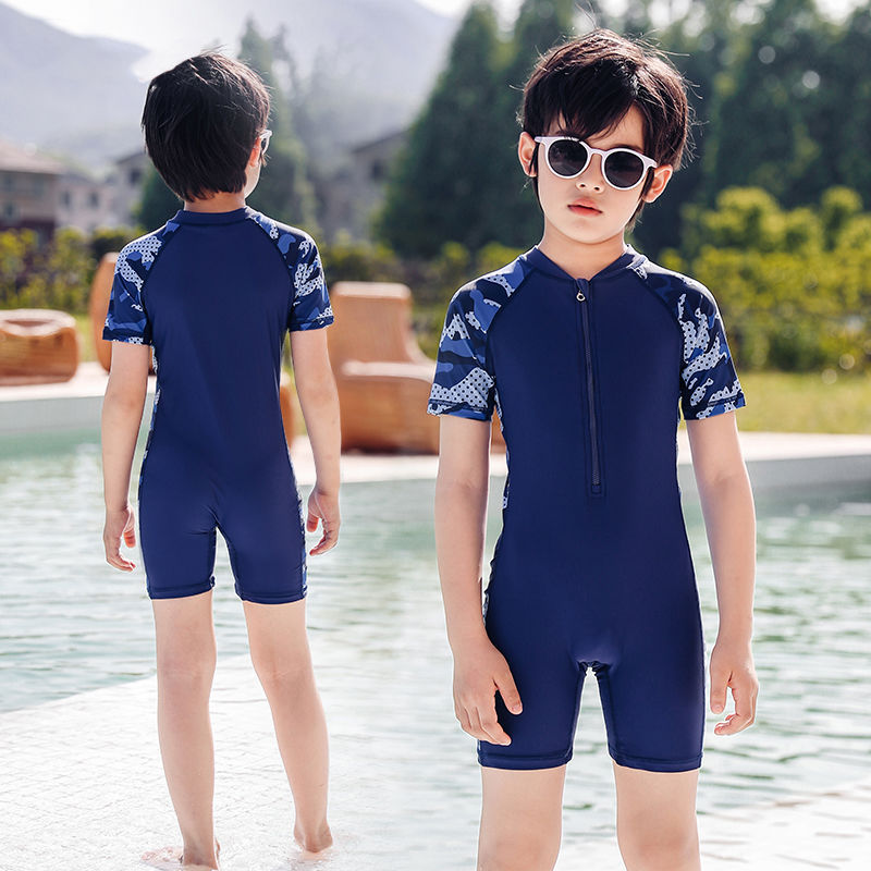 Children's Swimsuit Boys' Boxer Shorts Camouflage Color-block Middle and Big Kids Boys' Hot Spring Zipper Swimsuit