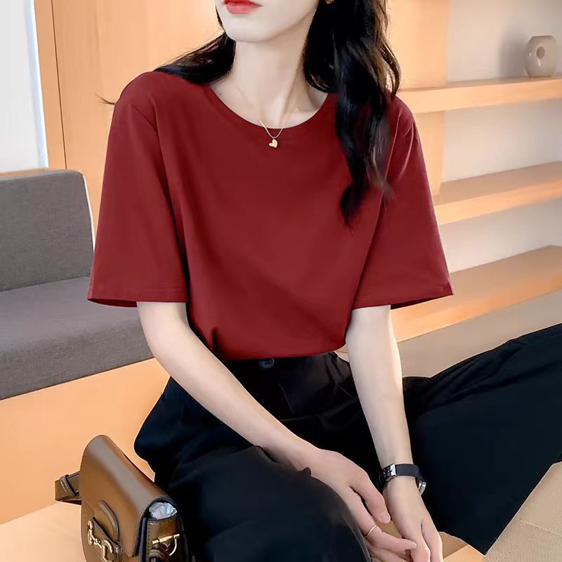 ゆるい純綿半袖tシャツ女性の夏服の新商品の中に上着の肩のデザイン感があります。|undefined