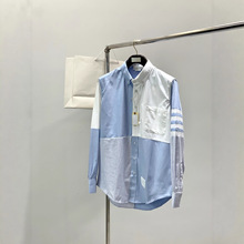 大牌平替夏季tb休闲短袖衬衫男女同款条纹拼接经典四道杠夹克