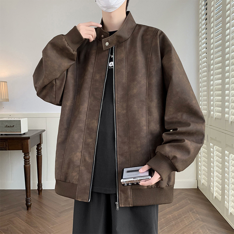 Men's Spring and Autumn Plus-Size American-Style Pu Leather Jacket for Chubby Men, Oversized Trendy Stand-Collar Motorcycle Jacket for Men