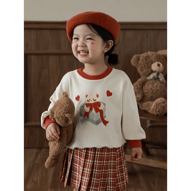 Dziewczęcy sweterek Qiu Duomeng z kreskówkowym misiem w kratkę, 2024, nowa spódnica dziecięca na wiosnę i jesień_voghion.com