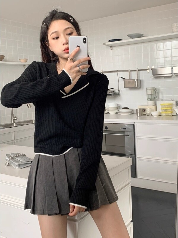 V领长袖毛衣女设计感小众秋冬季套头翻领修身内搭打底针织衫上衣|undefined