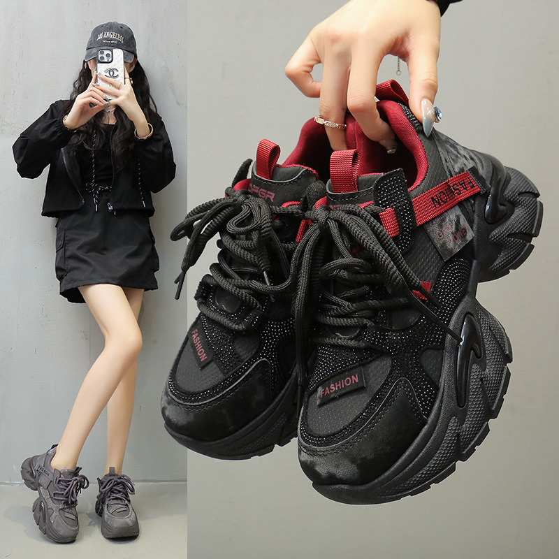 Thick-Soled Height-Increasing Dad Shoes for Women 2025 New Spring & Fall Versatile Rhinestone Breathable Lightweight Running Sports and Leisure Shoes