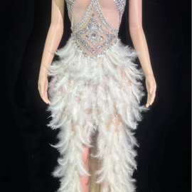钻石长裙生日服装新款闪亮钻石婚纱白色女孩美人鱼舞会羽毛