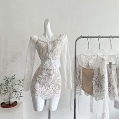 『欣幸』華華園嬌艶白フレンチレース長袖シャツとショートスカートのセット（初秋向け）
