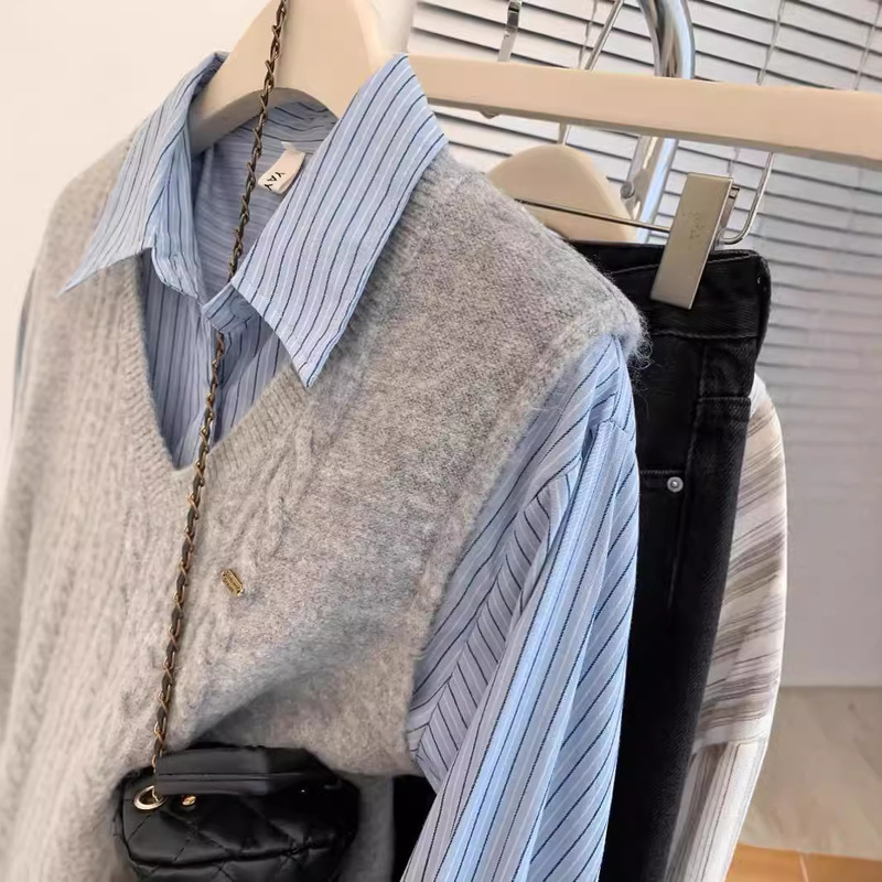 Gray V-Neck Knitted Vest for Women, Spring & Fall Preppy Style Petite Shirt with Knitted Vest Layered