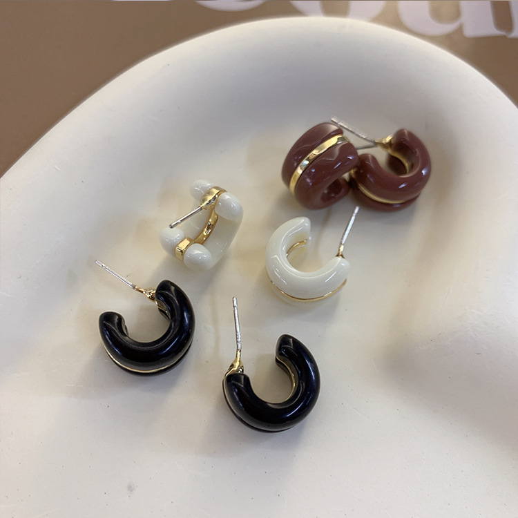 925銀針樹脂設計感氣質個性小眾耳圈簡約美拉德風百搭耳環C型耳飾