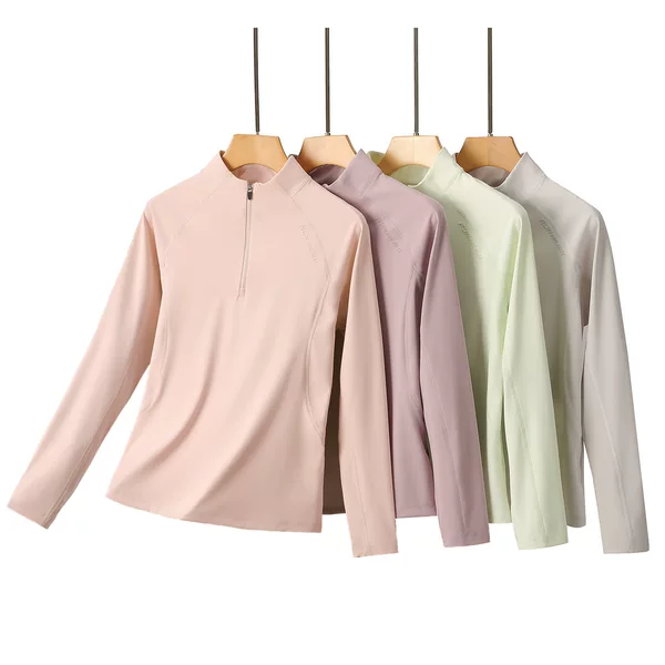 Women's Outdoor Long-Sleeve T-Shirt for Autumn and Winter, Casual Sports Fitness Top, Half-Zip Stand-Up Collar Stretchy Base Layer Sweatshirt