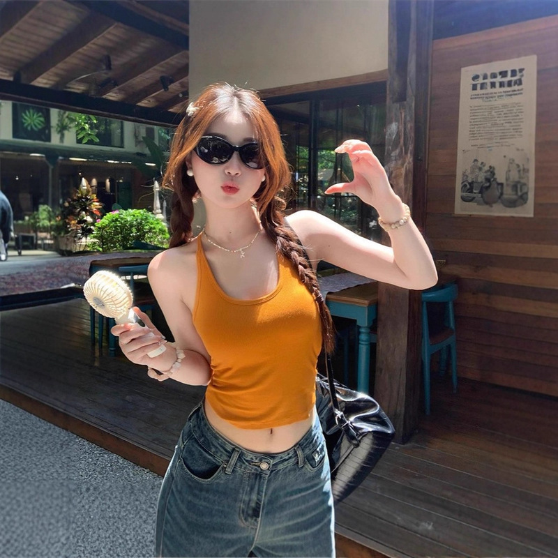 Dopamine Yellow Halter Top for Women to Wear in Summer, Beautiful Back Suspenders with Breast Pads, Short Sweet and Spicy Vest Dopamine Yellow Halter Top for Women to Wear in Summer, Beautiful Back Suspenders with Breast Pads, Short Sweet and Spicy Vest