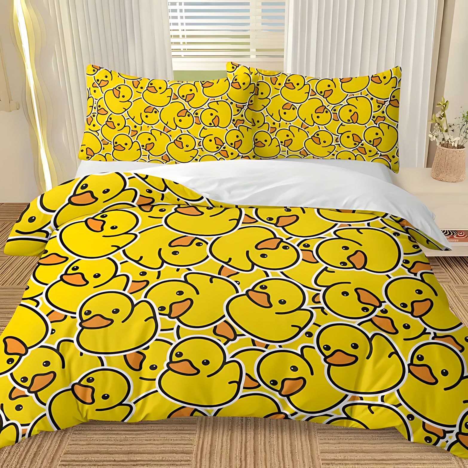 TEMU / JIT comercio exterior impresión digital 3D patito amarillo patrón de pelo abrasivo colcha de cama set