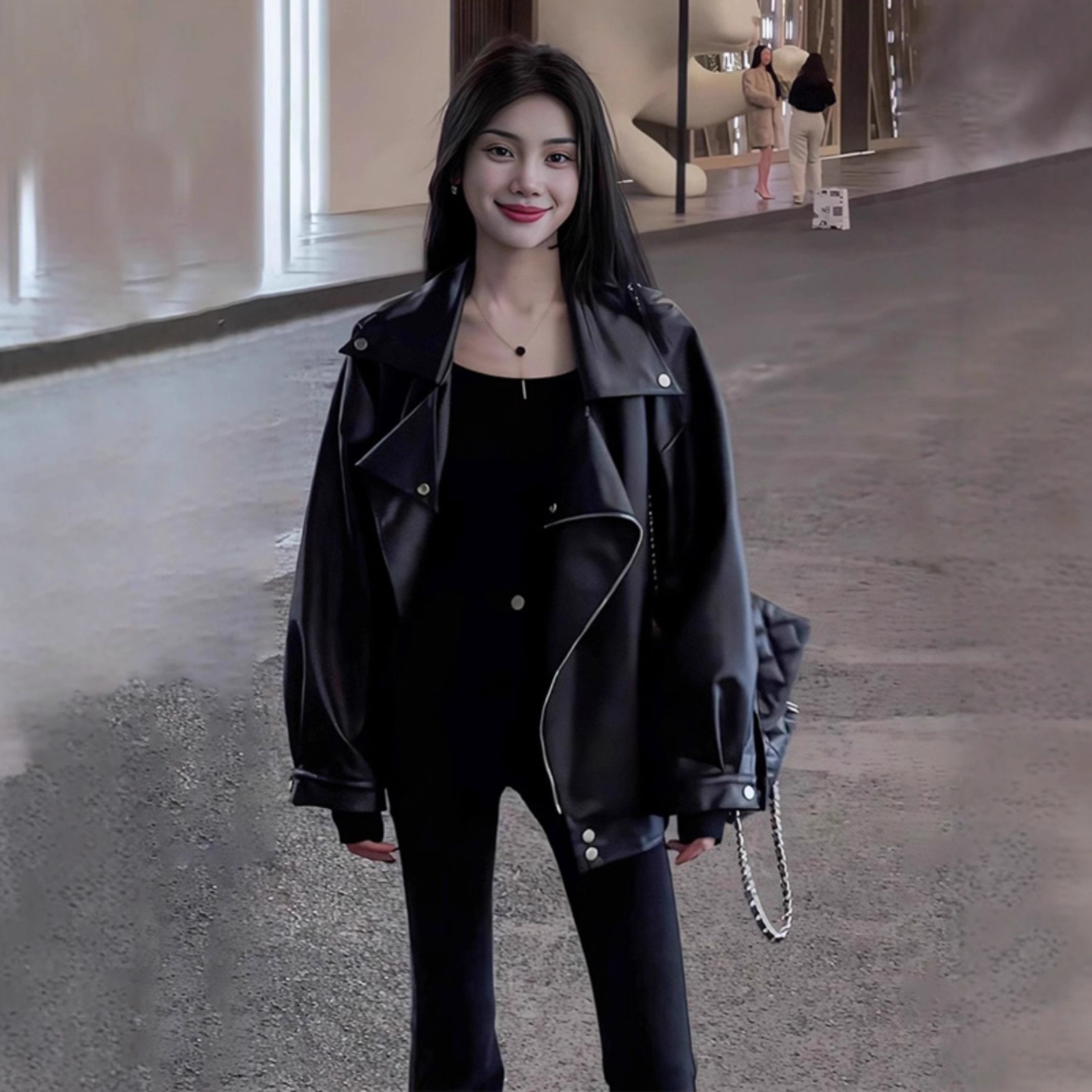 Autumn and Winter Ins Street Cool Leather Jacket Women's Loose Oversize Jacket Large Size Pu Leather Elegant Motorcycle Jacket 1