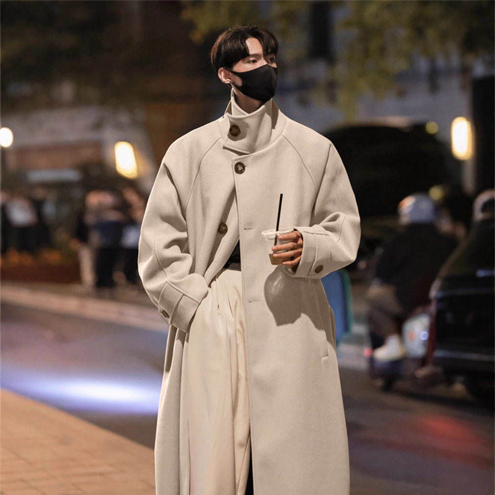 한국식 오버 더 무릎 모직 코트 남자 가을 중간 길이의 영국식 모직 코트 마illard 두꺼운 따뜻한 코트
