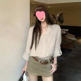 春夏薄款POLO领气质长袖衬衫女春秋宽松休闲衬衣时尚老钱风上衣