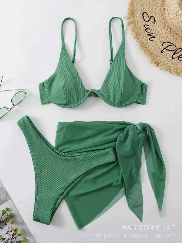 3-piece women's swimwear set, European style solid split design, adjustable straps