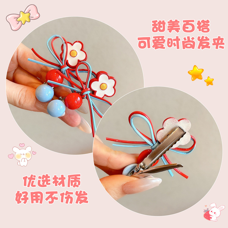 甜美红蓝花朵侧边发夹女蝴蝶结边夹前额刘海夹一字发卡鸭嘴夹发饰|undefined