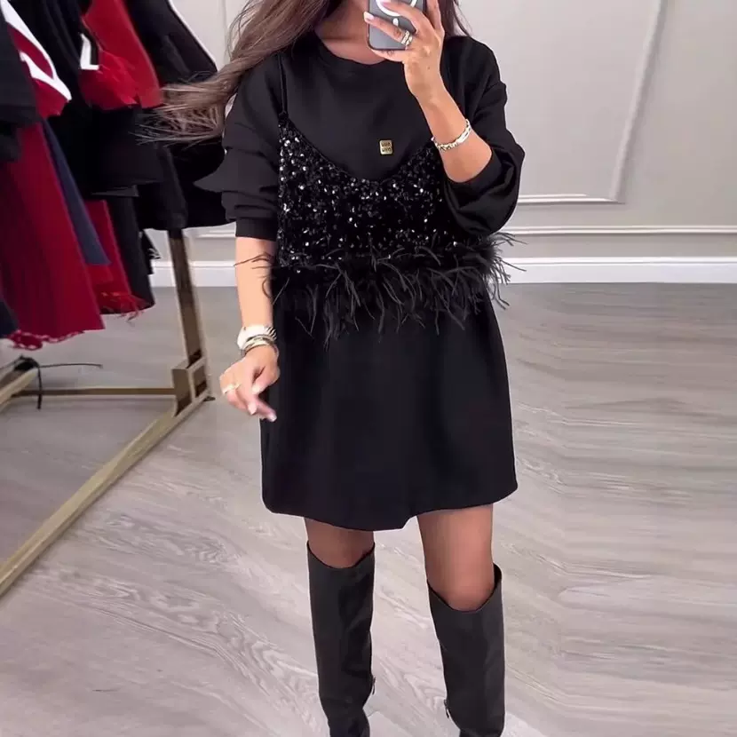 2024冬季新款亚马逊跨境欧美纯色圆领气质亮片拼接羽毛连衣裙女装