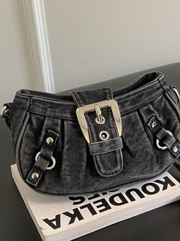 Túi đeo chéo nữ dáng hộp nhỏ kẹp nách vải denim xếp nếp phong cách Hàn Quốc — Cao bồi xanh, Màu xanh cổ điển, đen