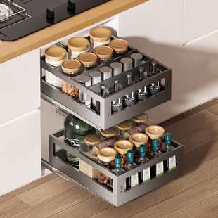 Kitchen Cabinet Double-Layer Stainless Steel Bowl Basket Drawer-Type Spice Basket Built-In Bowl Rack