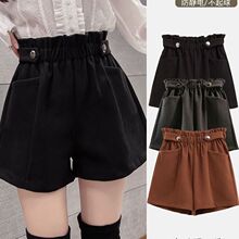 毛呢短裤女秋冬外穿配靴子松紧腰大码高腰a字阔腿裤显瘦靴裤加厚