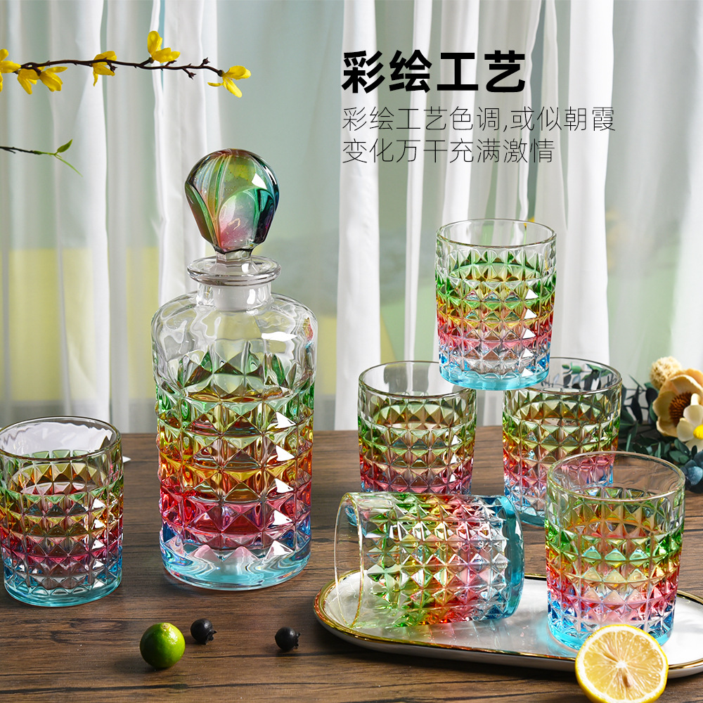 新款北欧创意家用威士忌杯套装古典水晶玻璃手绘七彩酒樽套装摆件