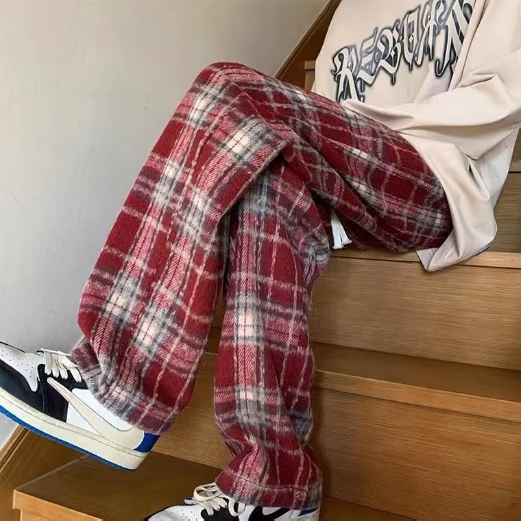 Fashion plaid pants men's spring and autumn American retro wide-leg pants loose straight pants fashion brand Ruan handsome draping casual pants