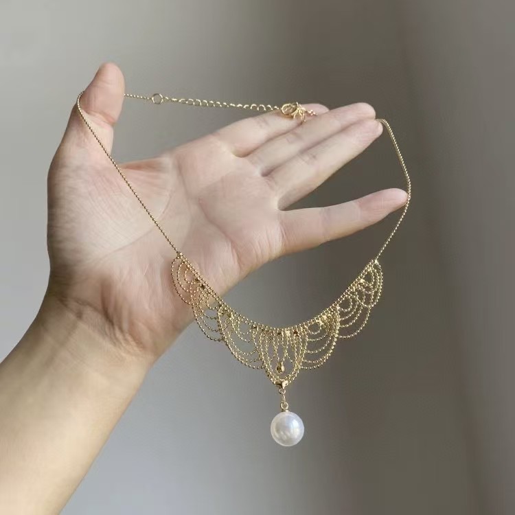 Colar de pérolas elegante com borla de renda estilo francês_voghion.com