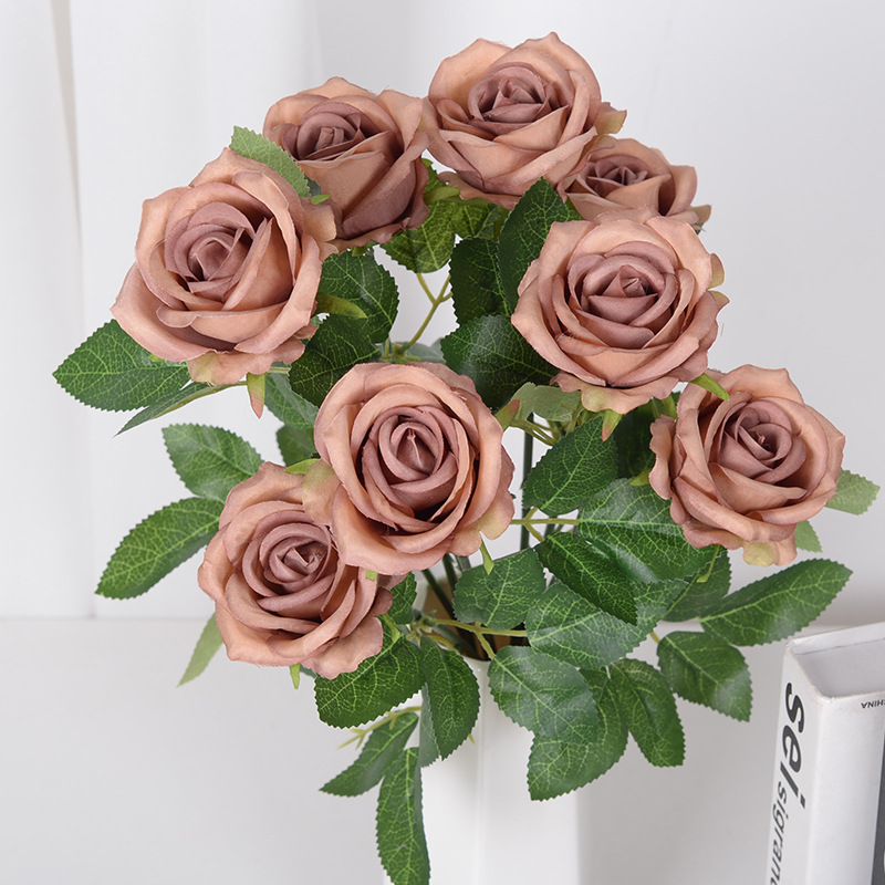 9-cabeza Rosa flor artificial ramo hogar Decoración de la boda Rosa artificial pequeña venta al por mayor de París