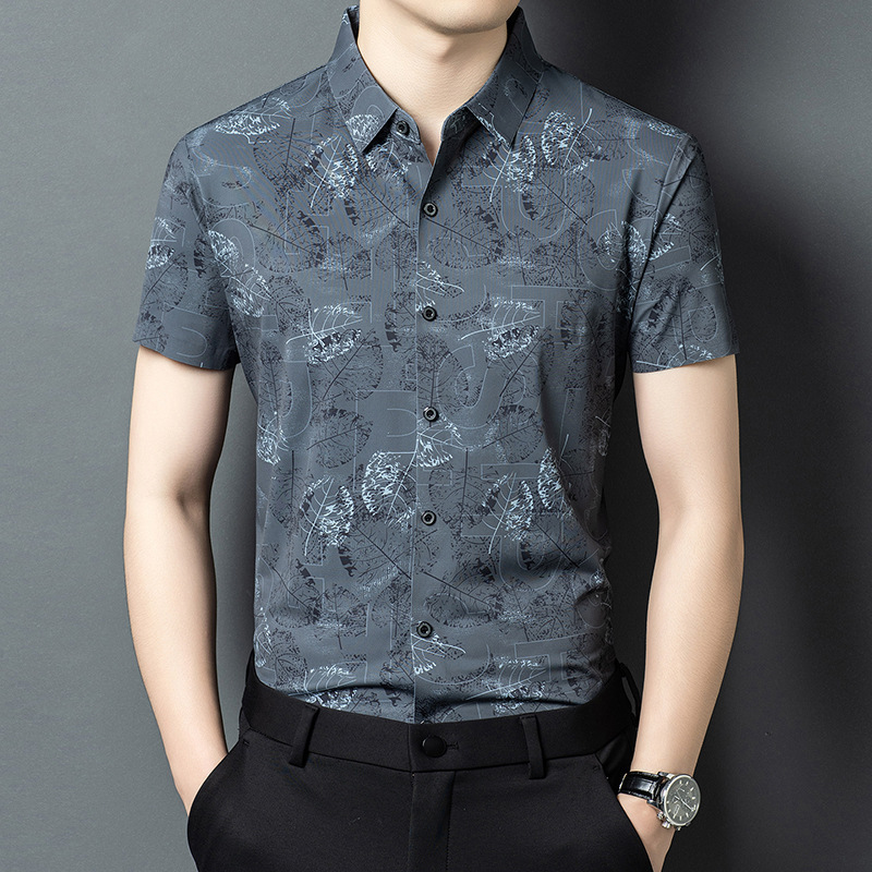 High-Quality Seamless Short-Sleeved Shirt for Men, New Summer Style Business Casual Printed Ice Silk Cool-Feel Men's Shirt