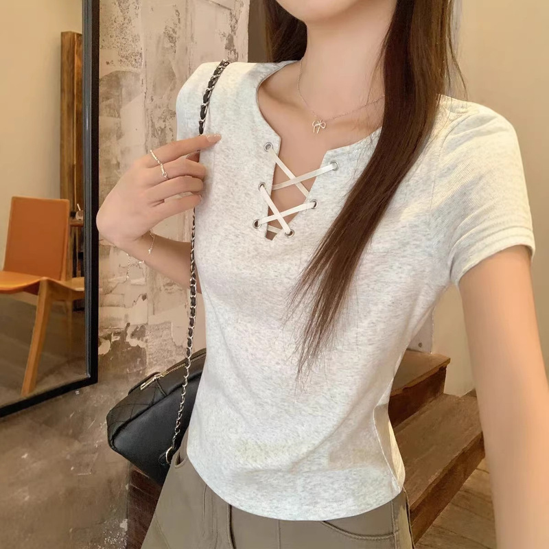 Jianmanni Summer Lace-Up Design Pure Cotton Short-Sleeve T-Shirt for Women, Niche Style, Sexy and Slim-Fitting Top Jianmanni Summer Lace-Up Design Pure Cotton Short-Sleeve T-Shirt for Women, Niche Style, Sexy and Slim-Fitting Top
