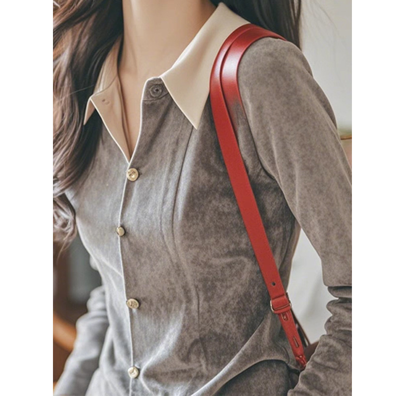 올해 인기있는 아름다운 작은 셔츠 독특한 세련된 외국 스타일의 나이 감소 탑 라이트 잘 익은 프랑스 회색 벨벳 셔츠 가을