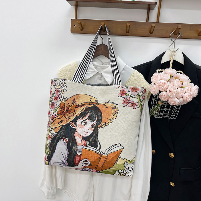 新しい女性のキャンバスポータブルショルダーバッグ漫画蝶織り刺繍シンプルな大容量ショッピングバッグ短距離旅行大型バッグ|undefined