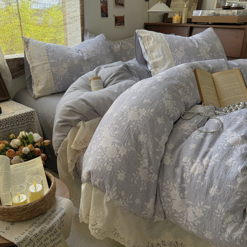 新款法式花边纯棉四件套复古印花韩版公主风全棉被罩三件直播床品