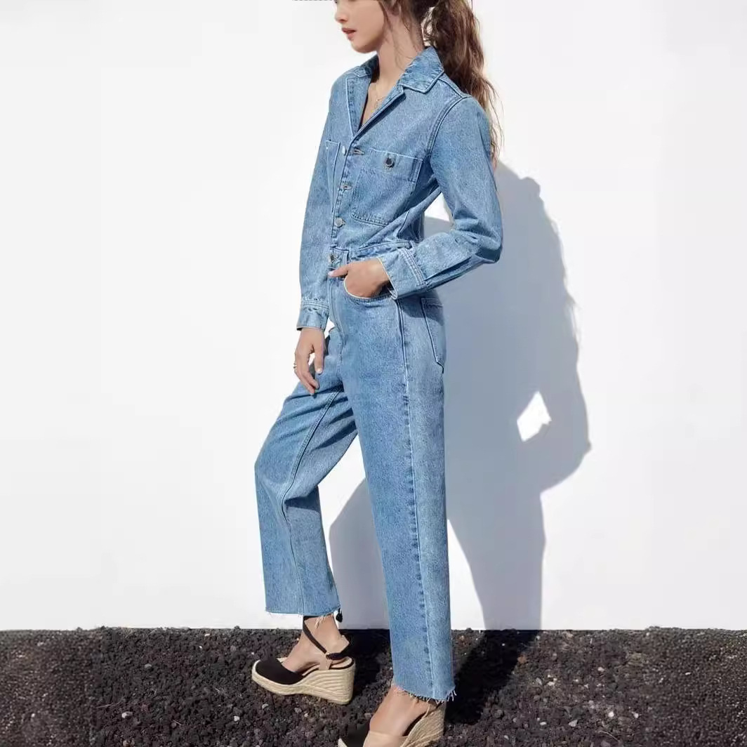 Women's Clothing Spring and Autumn New Women's Suit Collar Pocket Decoration Waist Straight Denim Jumpsuit Trousers_voghion.com