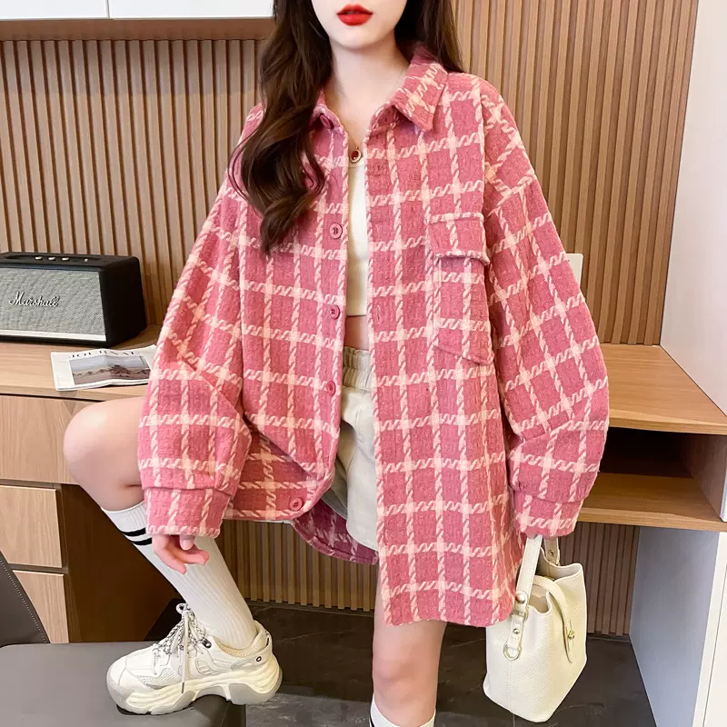 慵懒风加厚磨毛大码格子衬衫外套女春秋新款宽松休闲设计感上衣潮