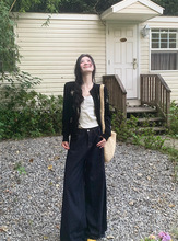 重工亮片圆领长袖针织开衫女秋季宽松黑色毛衣外套设计感短款上衣