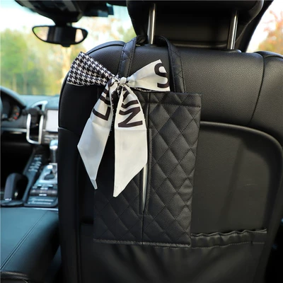 Car Tissue Box Leather Car tissue box/set - black-hanging-rhombus-houndstooth-ribbon