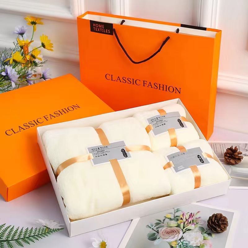 High-End Exquisite Absorbent Coral Towel Gift Box Bath Towel Gift Set Wedding Company Opening Three-Piece Set