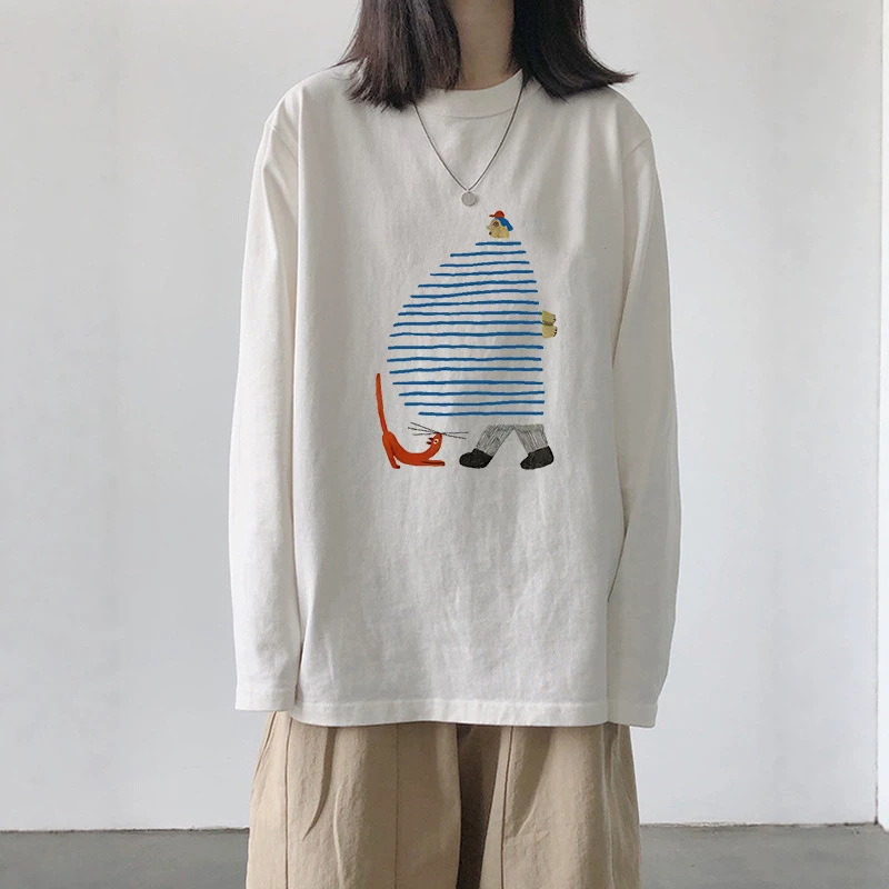 100% Pure Cotton White Long-Sleeved T-Shirt for Women Spring and Autum New Inner Top American Large Size Loose Bottoming Shirt Trendy