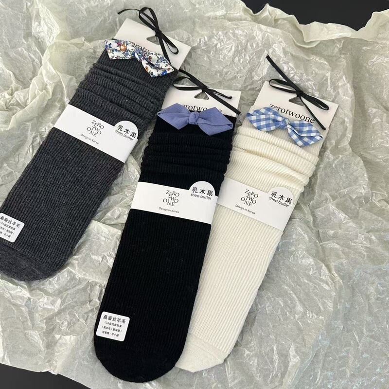 Calf Pile Socks Two-Wear Wool Socks for Women, Warm and Antibacterial Korean Gray Calf Socks, Autumn and Winter Stockings for Women