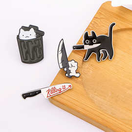 垃圾桶猫咪小刀胸针学生卡通可爱日系黑色金属徽章包包别针配饰