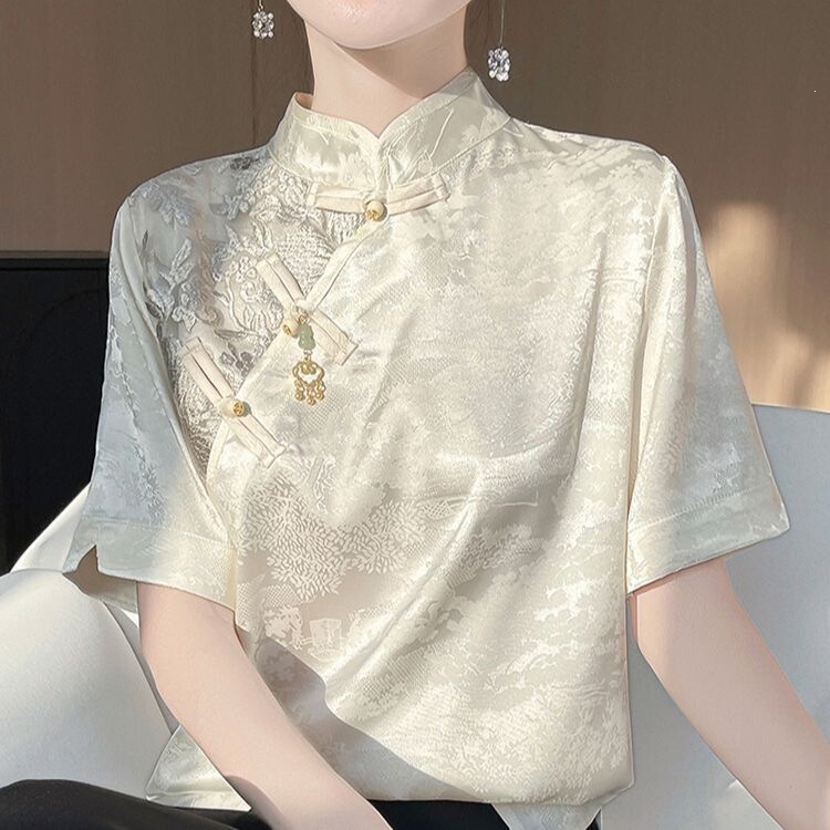 Nuanfenglai Chinese Style Stand Collar Buttoned Short-Sleeve Top, Retro Light Luxury Plus-Size New Chinese-Style Shirt T-Shirt with a High-End Feel for Women