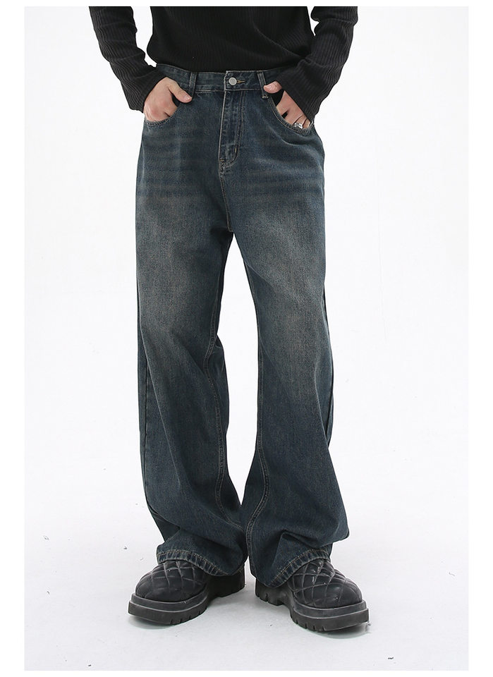 Quần jean nam ống rộng dáng suông cạp vừa vải denim xanh giặt nhẹ — Màu xanh lam chi tiết 10