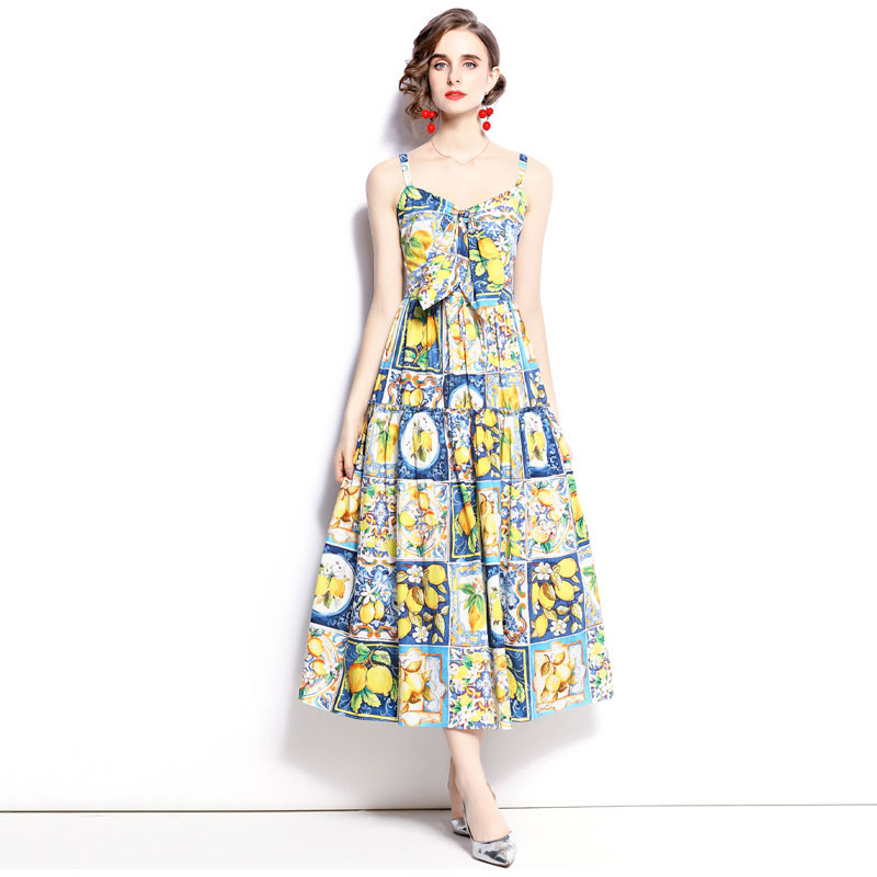 Summer European show Lemon blue and white porcelain printing bow waist thin resort style long sling dress
