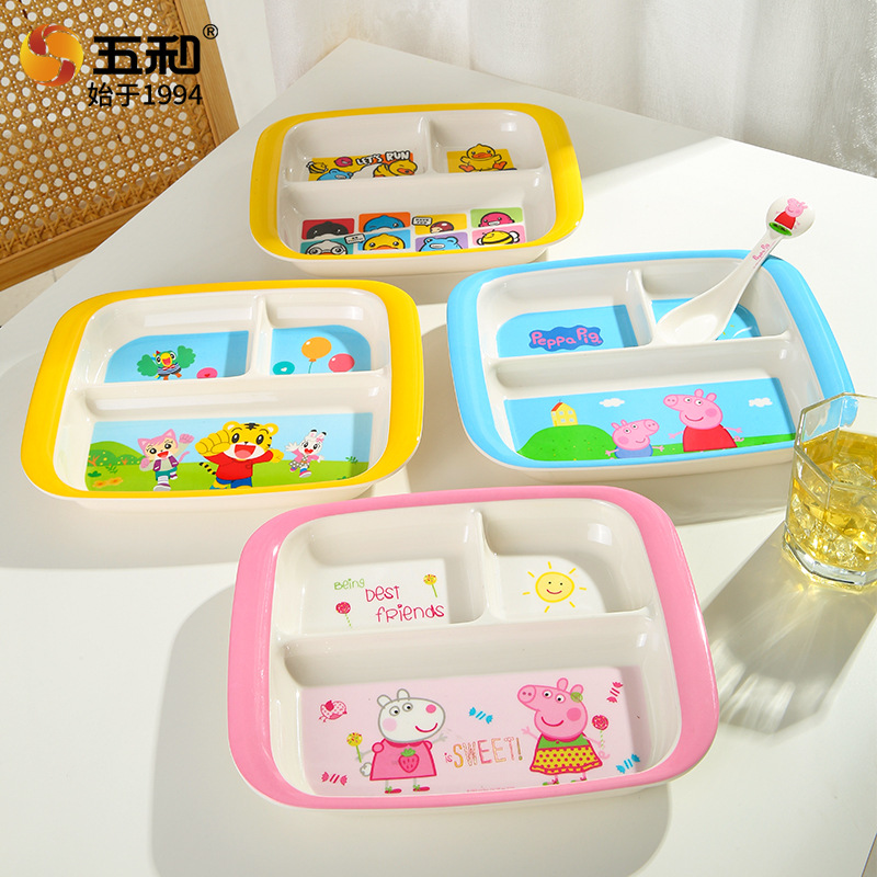 Wholesale Five-Compartment Children's Dinner Plate, Food-Grade Melamine, Anti-Drop, Anti-Scald, Cartoon-Style Baby Supplementary Food Multi-Compartment Plate
