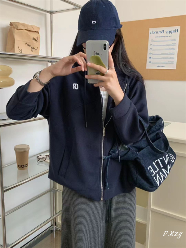 011 慵懒风连帽卫衣女秋季新款重工刺绣字母女式拉链开衫外套卫衣|undefined