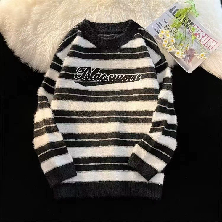 Американский ретро ленивый ветреный свитер в полоску для мальчиков осенью и зимой новый продвинутый стиль с круглым вырезом с длинным рукавом свитер прилив