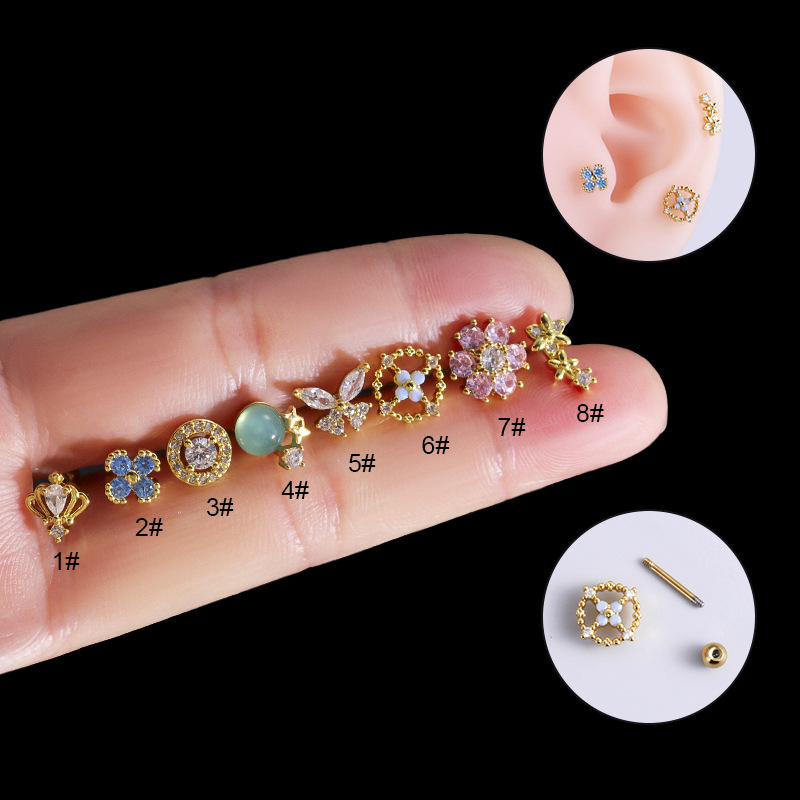 5g Weight Zircon Inlay Material Ear Studs Classification 1 Piece Ear Cartilage Rings & Studs Fashion Flower 316L Stainless Steel Copper Plating Inlay Zircon